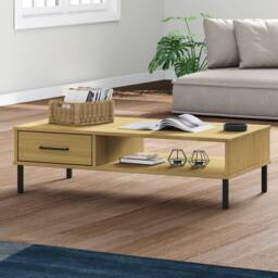 Berkfield Home Coffee Table with Metal Legs Brown Solid Wood Pine OSLO - thumbnail 2