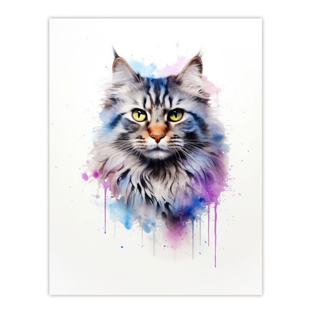 "Artery8 Wall Art Print Siberian Cat Lovers Gift Watercolour Pet Portrait Painting Artwork Poster - Size: W24"" x H32""" - image 1