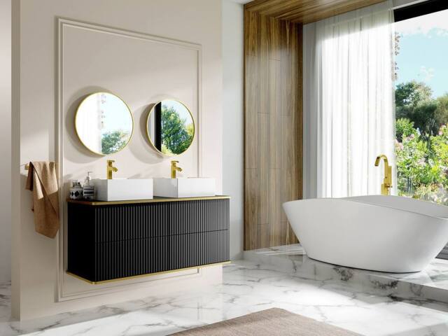 Vente-unique Fluted Wall-Hung Bathroom Unit With Gold Trim & Square Double in Black - image 1