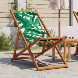 Berkfield Home Folding Beach Chair Leaf Pattern Solid Wood Eucalyptus & Fabric in Green