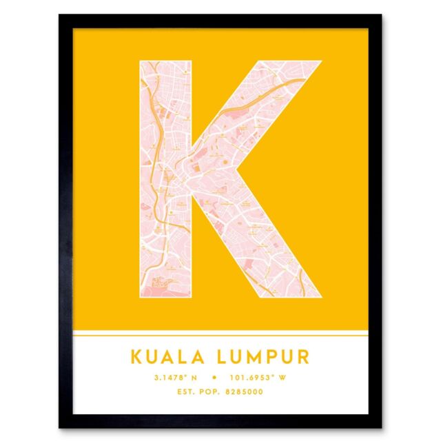"Wee Blue Coo Wall Art Print Kuala Lumpur Malaysia City Map Modern Typography Stylish Letter Framed Word in Yellow - Size: W12"" x H16""" - image 1