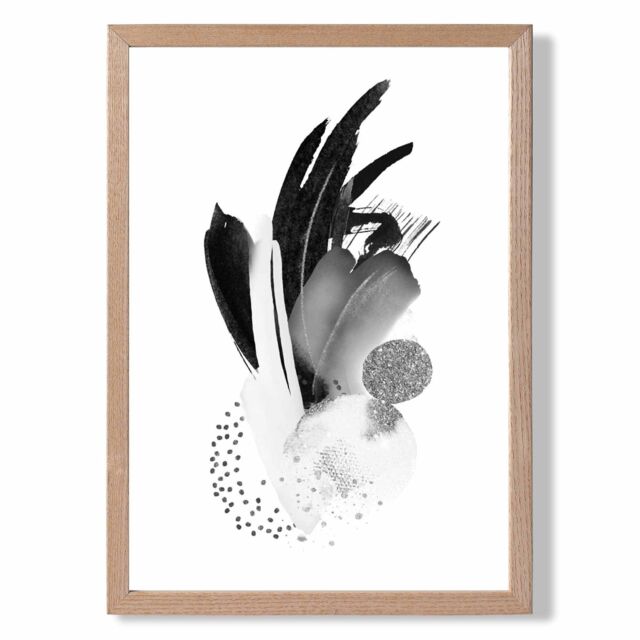 ARTZE Black & White Abstract Watercolour Shapes Framed Print SIZE: A4 with Oak Frame - image 1