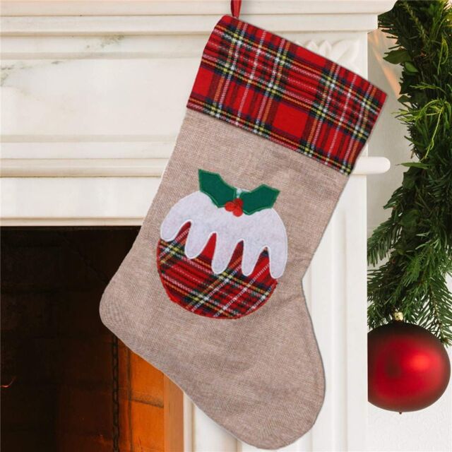 Shatchi Large Xmas Stocking Printed Pattern Burlap Hessian Linen Sack Sock Hanging Bags Christmas Pudding, 26x25cm in Brown - Size: 26x25 cm - image 1
