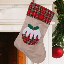 Shatchi Large Xmas Stocking Printed Pattern Burlap Hessian Linen Sack Sock Hanging Bags Christmas Pudding, 26x25cm in Brown - Size: 26x25 cm