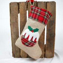 Shatchi Large Xmas Stocking Printed Pattern Burlap Hessian Linen Sack Sock Hanging Bags Christmas Pudding, 26x25cm in Brown - Size: 26x25 cm - thumbnail 2
