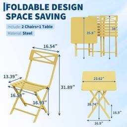 London Boutique 3PCS Folding Bistro Set Patio Furniture Set Dining Table & 2 Chairs in Yellow - thumbnail 4
