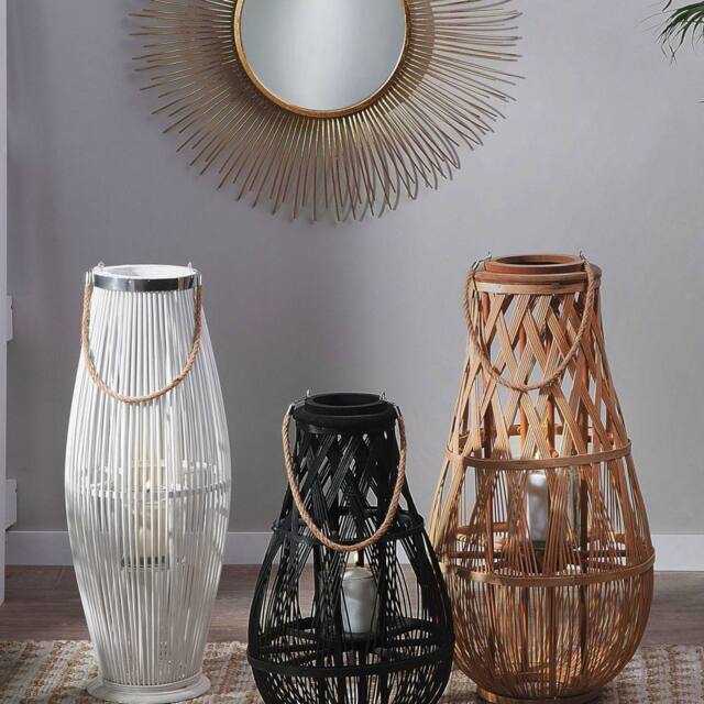 Wyld and Coco Black Bamboo and Glass Lantern 56cm Indoor and Sheltered Outdoor Use - image 1