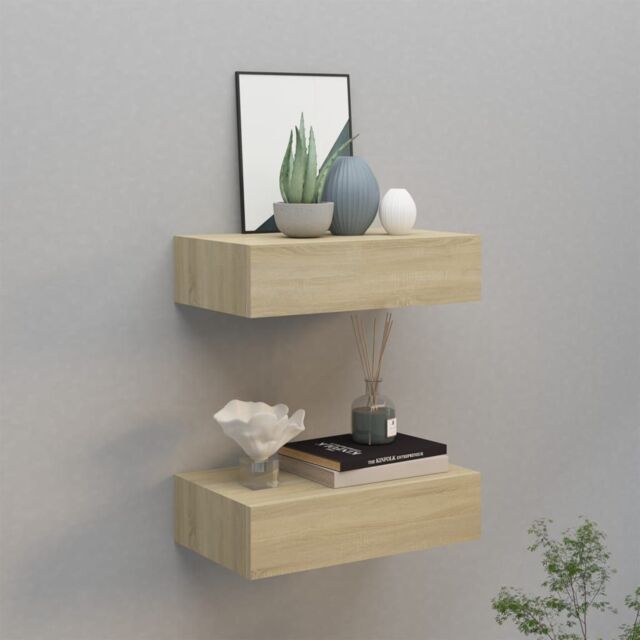 Berkfield Home Wall-mounted Drawer Shelves 2 pcs Oak 40x23.5x10cm MDF in Brown - Size: 40x23.5x10 cm - image 1