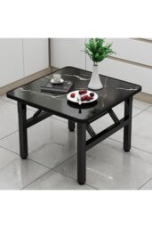 Living and Home 60cm Square Foldable Coffee Table with Marble Effect Top Low Dining Table for Kids in Black - thumbnail 5
