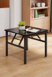 Living and Home 60cm Square Foldable Coffee Table with Marble Effect Top Low Dining Table for Kids in Black