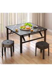 Living and Home 60cm Square Foldable Coffee Table with Marble Effect Top Low Dining Table for Kids in Black - thumbnail 3
