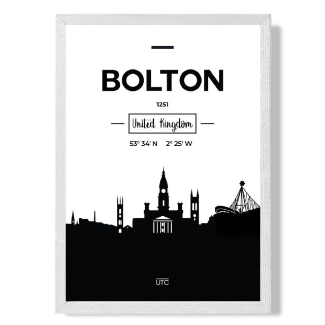 ARTZE Bolton Black & White City Skyline Framed Print SIZE: A4 with White Frame - image 1