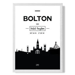 ARTZE Bolton Black & White City Skyline Framed Print SIZE: A4 with White Frame - thumbnail 1