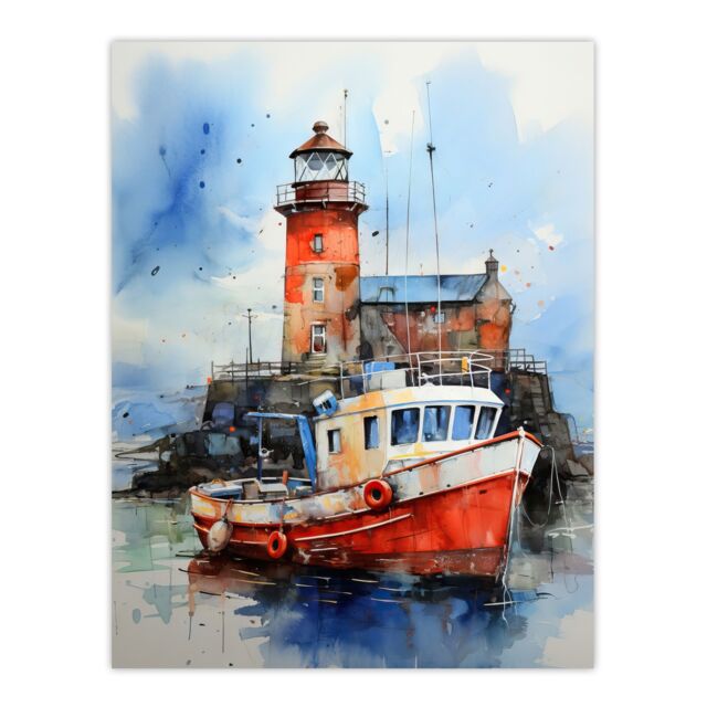Artery8 Scottish Harbour Fishing Boats Lighthouse Modern Watercolour Artwork Blue & Red Unframed Wall Art Print Poster Home Decor Premium - image 1