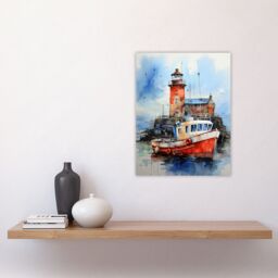Artery8 Scottish Harbour Fishing Boats Lighthouse Modern Watercolour Artwork Blue & Red Unframed Wall Art Print Poster Home Decor Premium - thumbnail 4