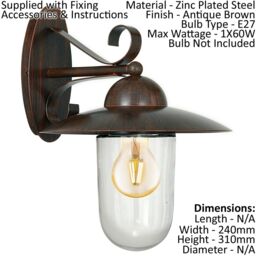 Loops IP44 Outdoor Wall Light Antique Brown Steel Fisherman Lamp 1 x 60W E27 Bulb in Metallics - thumbnail 2