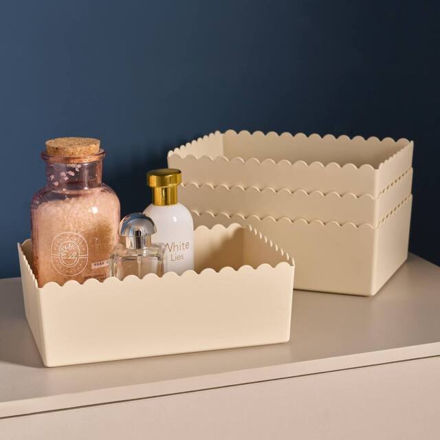 OHS 4 x Scallop Edge Organiser PP Plastic Box Tub Storage Bin Container in Cream - image 1