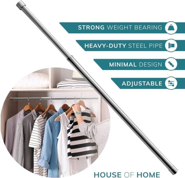 House of Home Extendable Wardrobe Pole 70-123CM Adjustable Rail Hanger Steel Heavy Duty Easy Assemble in Silver - image 1