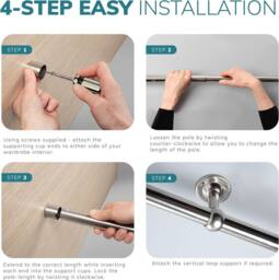 House of Home Extendable Wardrobe Pole 70-123CM Adjustable Rail Hanger Steel Heavy Duty Easy Assemble in Silver - thumbnail 5