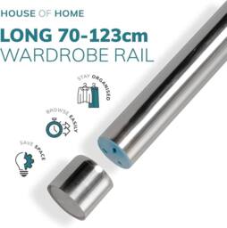 House of Home Extendable Wardrobe Pole 70-123CM Adjustable Rail Hanger Steel Heavy Duty Easy Assemble in Silver - thumbnail 2