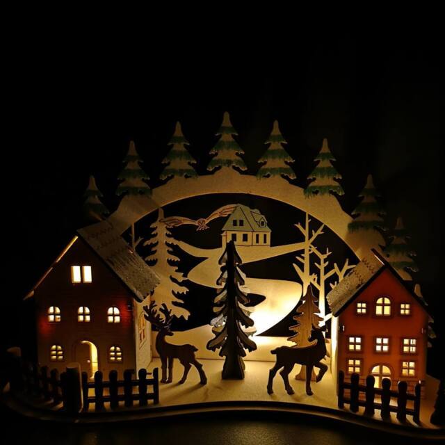 Samuel Alexander 19cm Battery Operated Light up Christmas Wooden Reindeer Village Scene with LEDs in Brown - image 1