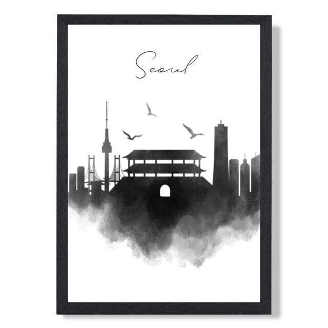 ARTZE Seoul Watercolour Skyline City Framed Print SIZE: A4 with Black Frame - image 1