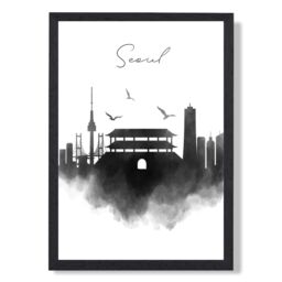 ARTZE Seoul Watercolour Skyline City Framed Print SIZE: A4 with Black Frame - thumbnail 1