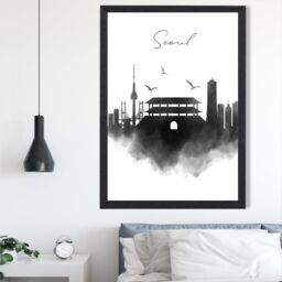 ARTZE Seoul Watercolour Skyline City Framed Print SIZE: A4 with Black Frame - thumbnail 2