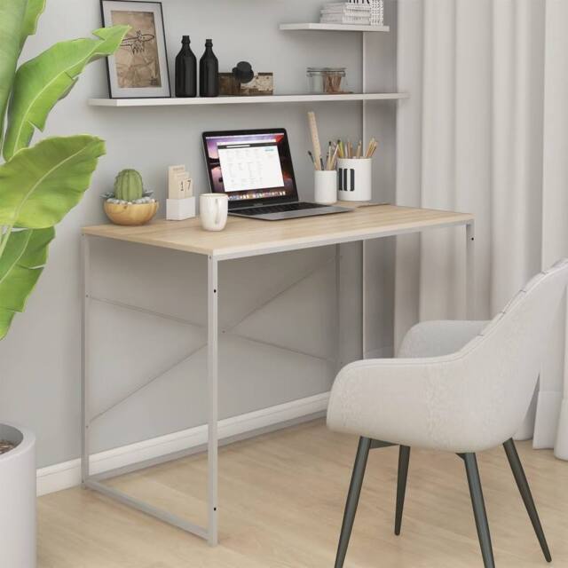Berkfield Home Computer Desk White & Oak 110x60x70 cm Engineered Wood in Brown - Size: 110 x 60 x 70 cm - image 1