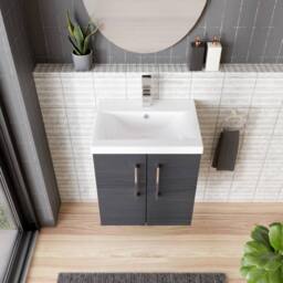 Balterley Contemporary Bathroom Wall Hung 2 Soft-Close Door Vanity Unit & Mid-Edge Basin, Charcoal Black, 500 mm in Black - thumbnail 3