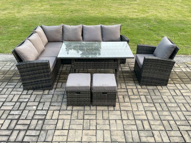 Fimous 9 Seater Garden Rattan Furniture Corner Dining Set with 2 Small Footstools Armchair Indoor Outdoor Lounge Sofa Set in Dark Grey - image 1