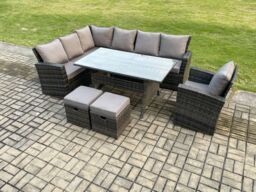 Fimous 9 Seater Garden Rattan Furniture Corner Dining Set with 2 Small Footstools Armchair Indoor Outdoor Lounge Sofa Set in Dark Grey - thumbnail 2