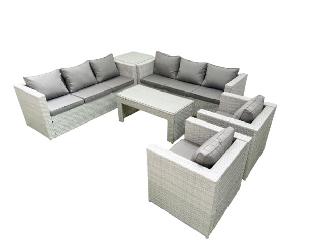 Fimous Outdoor Garden Furniture Rattan Sofa Set with 2 Armchairs Oblong Coffee Table Side Table Light Grey Mixed - image 1