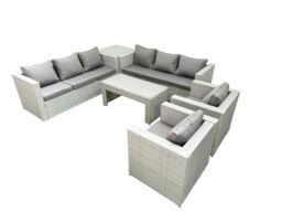 Fimous Outdoor Garden Furniture Rattan Sofa Set with 2 Armchairs Oblong Coffee Table Side Table Light Grey Mixed - thumbnail 1