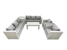 Fimous Outdoor Garden Furniture Rattan Sofa Set with 2 Armchairs Oblong Coffee Table Side Table Light Grey Mixed - thumbnail 2