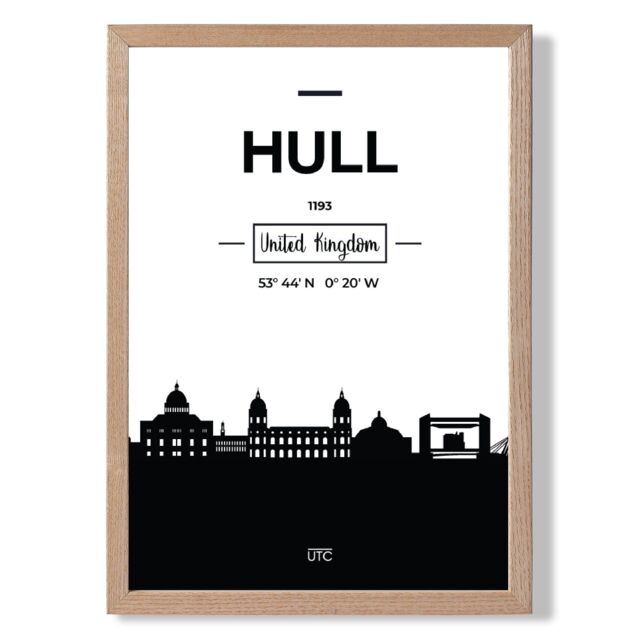 ARTZE Hull Black & White City Skyline Framed Print SIZE: A4 with Oak Frame - image 1