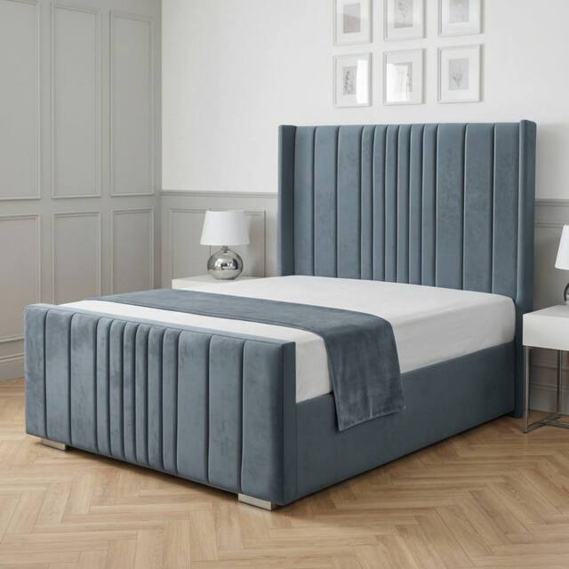 Living Comfort Bedz Cambridge Wingback Upholstered Bed Slatted Base with 48-Inch Headboard in Light Blue - Size: Small Double - image 1