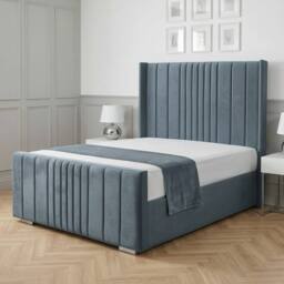 Living Comfort Bedz Cambridge Wingback Upholstered Bed Slatted Base with 48-Inch Headboard in Light Blue - Size: Small Double