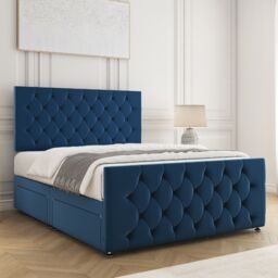 "BSSPOKE Maya Plush Velvet Divan Bed 24"" Headboard 2Drawers Footend & Mattress in Blue - Size: Super King" - thumbnail 3