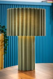 ValueLights Lenny Drum Lamp Shade Colour Drench Ribbed Full Fabric Table Lamp in Pale Green - thumbnail 1
