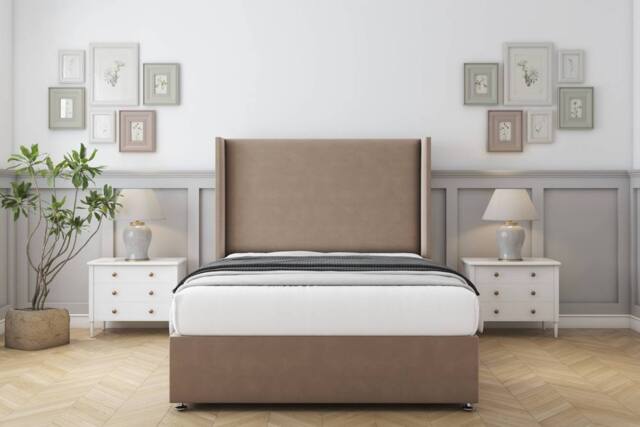 "Sloomy Devonshire Plush Divan Base No Drawers - 54"" Wingback Headboard in Taupe - Size: Super King" - image 1