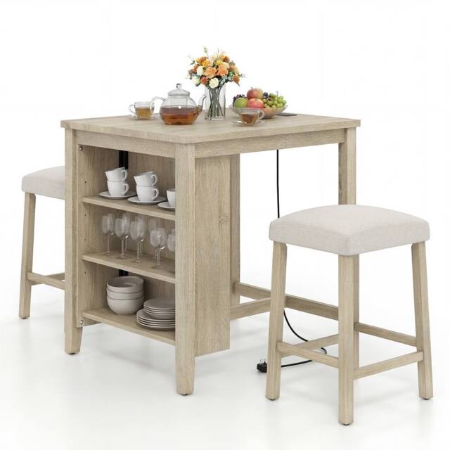 Costway 3PCS Bar Table Set Kitchen Dining Table w/ 2 Stools & Power Outlet - image 1