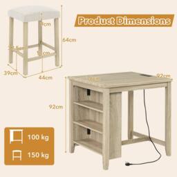 Costway 3PCS Bar Table Set Kitchen Dining Table w/ 2 Stools & Power Outlet - thumbnail 2
