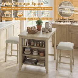 Costway 3PCS Bar Table Set Kitchen Dining Table w/ 2 Stools & Power Outlet - thumbnail 4