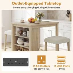 Costway 3PCS Bar Table Set Kitchen Dining Table w/ 2 Stools & Power Outlet - thumbnail 3