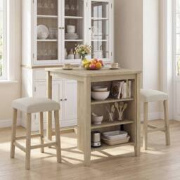 Costway 3PCS Bar Table Set Kitchen Dining Table w/ 2 Stools & Power Outlet - thumbnail 9