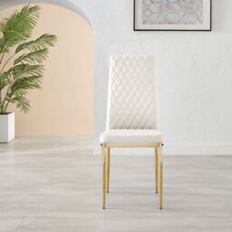 FurnitureboxUK Set of 4 Milan High Back Soft Touch Diamond Pattern Faux Leather Dining Chairs With Gold Chrome Metal Legs in White - thumbnail 3