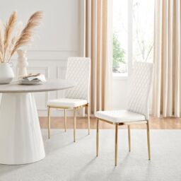 FurnitureboxUK Set of 4 Milan High Back Soft Touch Diamond Pattern Faux Leather Dining Chairs With Gold Chrome Metal Legs in White - thumbnail 9