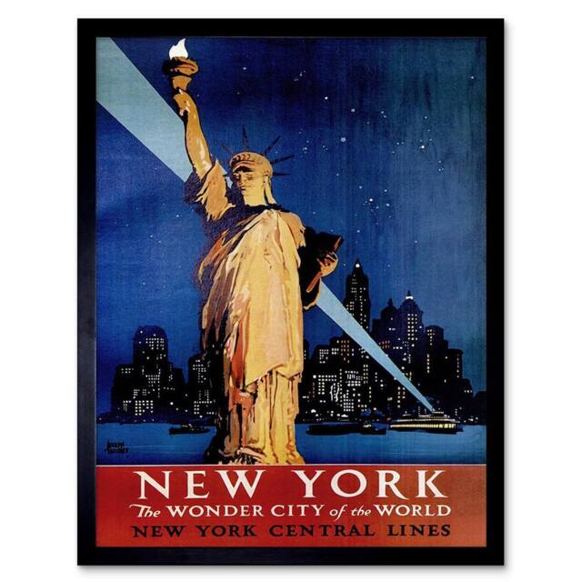 "Artery8 Travel New York Statue Liberty Manhattan Railway USA Framed Art Print in Blue - Size: W12"" x H16""" - image 1