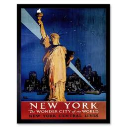 "Artery8 Travel New York Statue Liberty Manhattan Railway USA Framed Art Print in Blue - Size: W12"" x H16""" - thumbnail 1